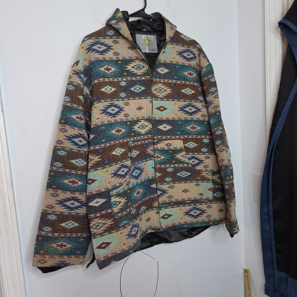 Sunshine Joy Woven Tapestry Southwestern Hoodie Zip Jacket L Teal Brown Tribal